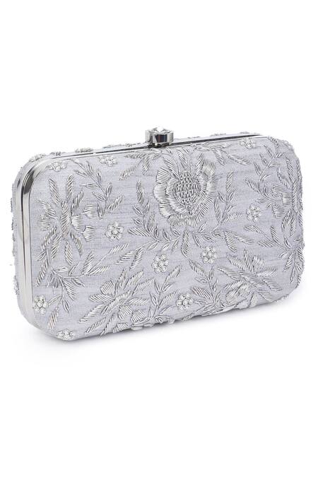 Buy_The Purple Sack_Silver Embroidery Symmetric Clutch With Sling _Online_at_Aza_Fashions