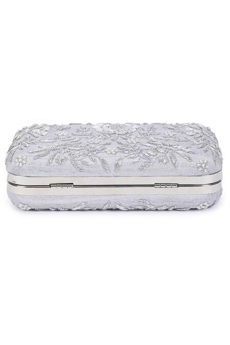 Shop_The Purple Sack_Silver Embroidery Symmetric Clutch With Sling _Online_at_Aza_Fashions