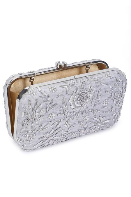 The Purple Sack_Silver Embroidery Symmetric Clutch With Sling _at_Aza_Fashions