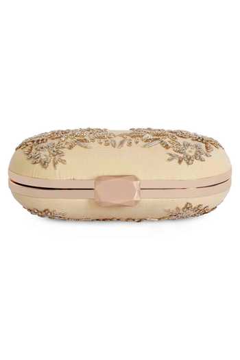 The Purple Sack_Beige Embroidery Zardozi Clutch _Online_at_Aza_Fashions