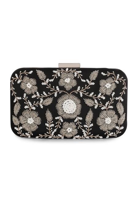 Shop The Purple Sack Black Embroidery Symmetric Clutch With Sling at Aza Fashions Shop_The Purple Sack_Black Embroidery Symmetric Clutch With Sling _at_Aza_Fashions