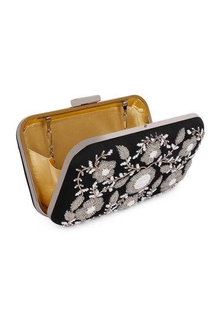 Shop The Purple Sack Black Embroidery Symmetric Clutch With Sling Online at Aza Fashions Shop_The Purple Sack_Black Embroidery Symmetric Clutch With Sling _Online_at_Aza_Fashions