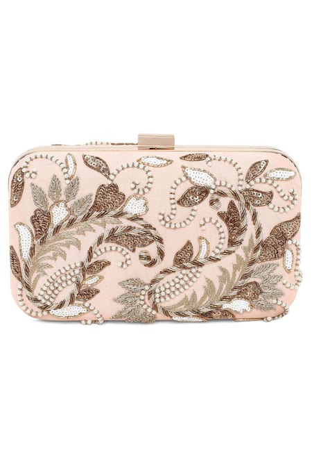 Shop The Purple Sack Peach Embroidery Symmetric Clutch With Sling at Aza Fashions Shop_The Purple Sack_Peach Embroidery Symmetric Clutch With Sling _at_Aza_Fashions