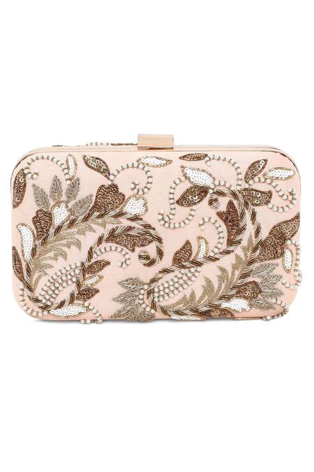 The Purple Sack Peach Embroidery Symmetric Clutch With Sling Online at Aza Fashions The Purple Sack_Peach Embroidery Symmetric Clutch With Sling _Online_at_Aza_Fashions
