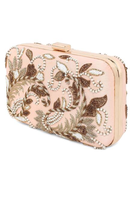 Shop The Purple Sack Peach Embroidery Symmetric Clutch With Sling Online at Aza Fashions Shop_The Purple Sack_Peach Embroidery Symmetric Clutch With Sling _Online_at_Aza_Fashions