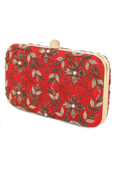 The Purple Sack_Red Embroidery, Sequins, Pearls Raw Silk Clutch With Sling _Online_at_Aza_Fashions