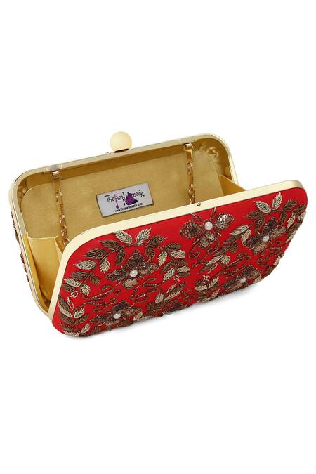 Shop_The Purple Sack_Red Embroidery, Sequins, Pearls Raw Silk Clutch With Sling _Online_at_Aza_Fashions
