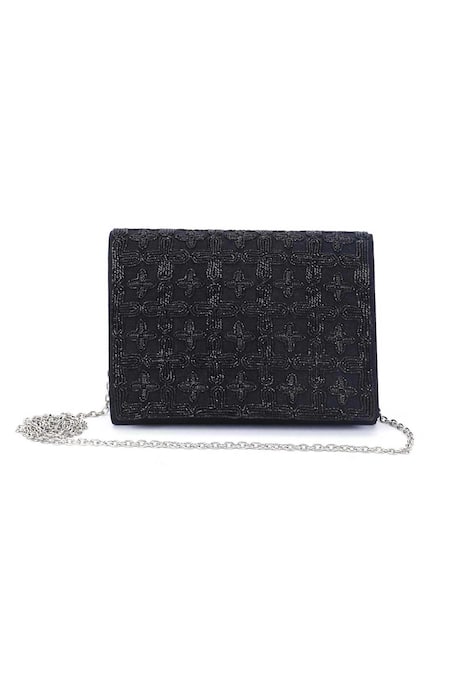 The Purple Sack Black Embroidery Flap Clutch With Sling 