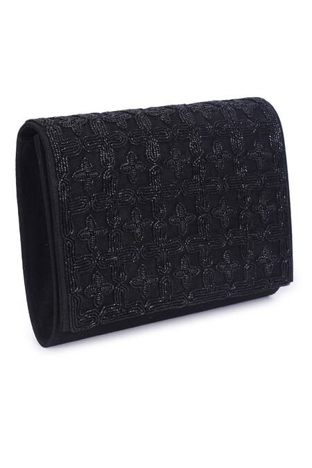 The Purple Sack_Black Embroidery Flap Clutch With Sling _Online_at_Aza_Fashions
