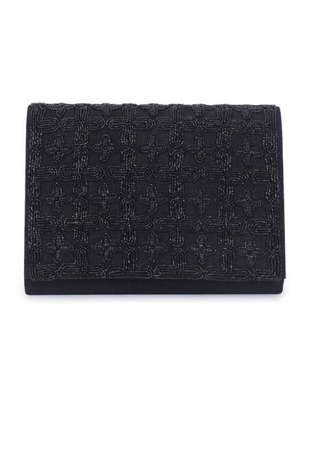 Buy_The Purple Sack_Black Embroidery Flap Clutch With Sling _Online_at_Aza_Fashions