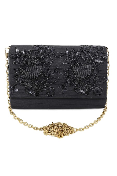 The Purple Sack Black Embroidery, Sequins, Beads Flap Clutch With Sling 