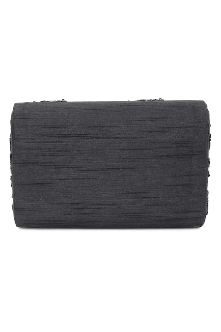 Shop The Purple Sack Black Embroidery, Sequins, Beads Flap Clutch With Sling at Aza Fashions Shop_The Purple Sack_Black Embroidery, Sequins, Beads Flap Clutch With Sling _at_Aza_Fashions