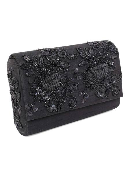 The Purple Sack Black Embroidery, Sequins, Beads Flap Clutch With Sling Online at Aza Fashions The Purple Sack_Black Embroidery, Sequins, Beads Flap Clutch With Sling _Online_at_Aza_Fashions