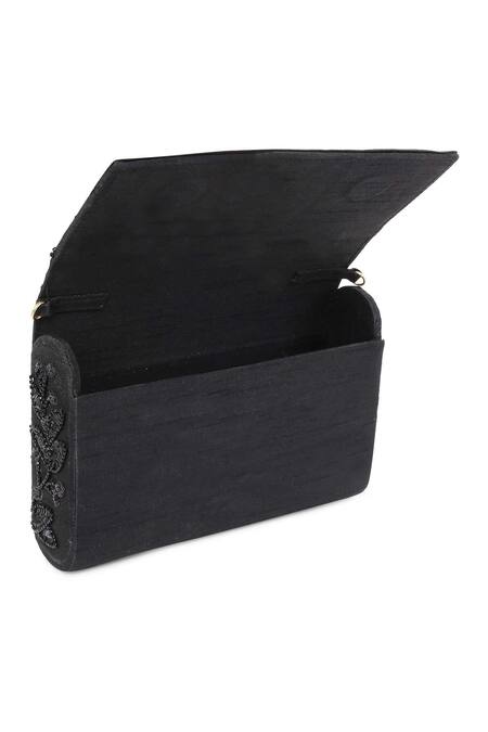 Shop The Purple Sack Black Embroidery, Sequins, Beads Flap Clutch With Sling Online at Aza Fashions Shop_The Purple Sack_Black Embroidery, Sequins, Beads Flap Clutch With Sling _Online_at_Aza_Fashions