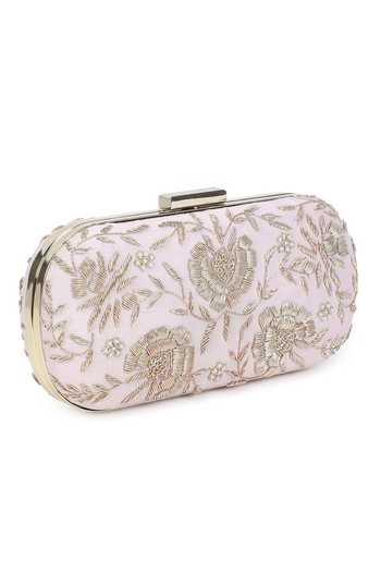 The Purple Sack_White Embroidery Raw Silk Oval Clutch _Online_at_Aza_Fashions