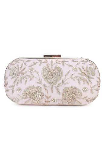 Buy_The Purple Sack_White Embroidery Raw Silk Oval Clutch _Online_at_Aza_Fashions