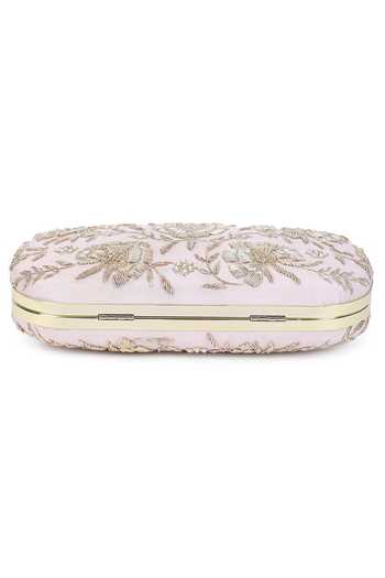 Shop_The Purple Sack_White Embroidery Raw Silk Oval Clutch _Online_at_Aza_Fashions