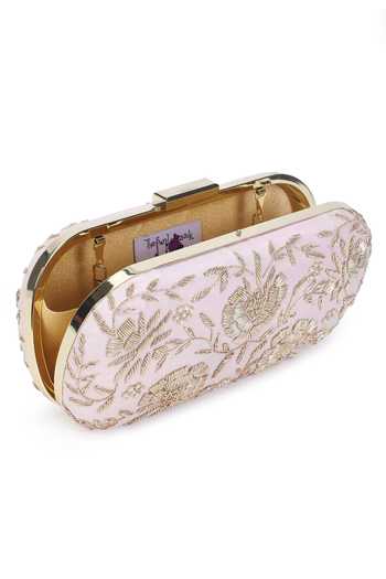 The Purple Sack_White Embroidery Raw Silk Oval Clutch _at_Aza_Fashions