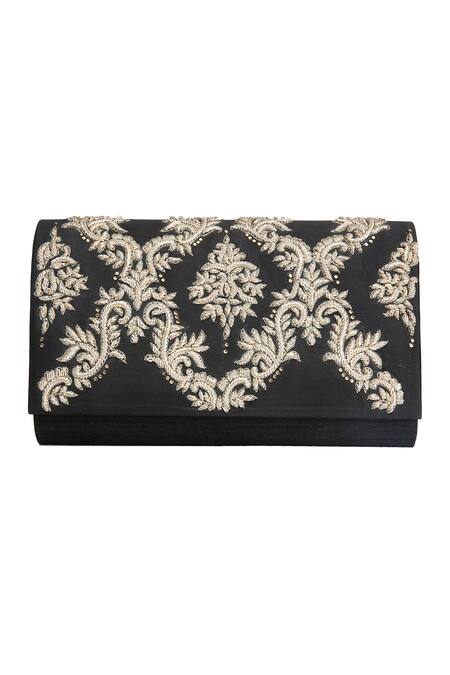 Shop The Purple Sack Black Zari Embroidered Flap Clutch With Sling at Aza Fashions Shop_The Purple Sack_Black Zari Embroidered Flap Clutch With Sling _at_Aza_Fashions