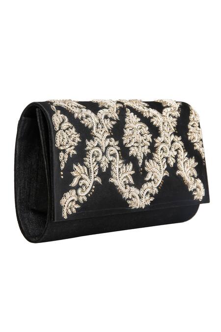 The Purple Sack Black Zari Embroidered Flap Clutch With Sling Online at Aza Fashions The Purple Sack_Black Zari Embroidered Flap Clutch With Sling _Online_at_Aza_Fashions