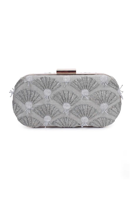 Shop The Purple Sack Grey Embroidery, Beads Clutch With Sling at Aza Fashions Shop_The Purple Sack_Grey Embroidery, Beads Clutch With Sling _at_Aza_Fashions