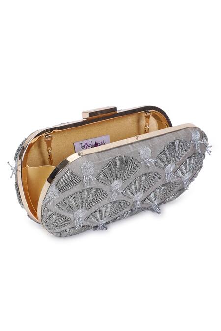 The Purple Sack_Grey Embroidery, Beads Clutch With Sling _at_Aza_Fashions