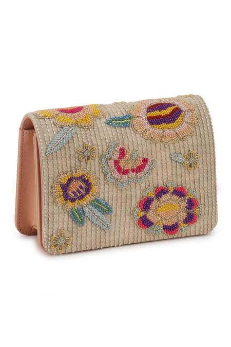 The Purple Sack_Beige Embroidery Beaded Flap Clutch With Sling _Online_at_Aza_Fashions