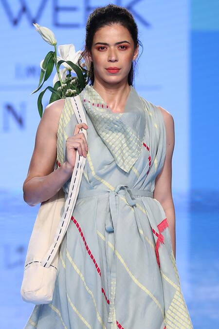 Tahweave_Blue Silk Draped Dress_Online_at_Aza_Fashions