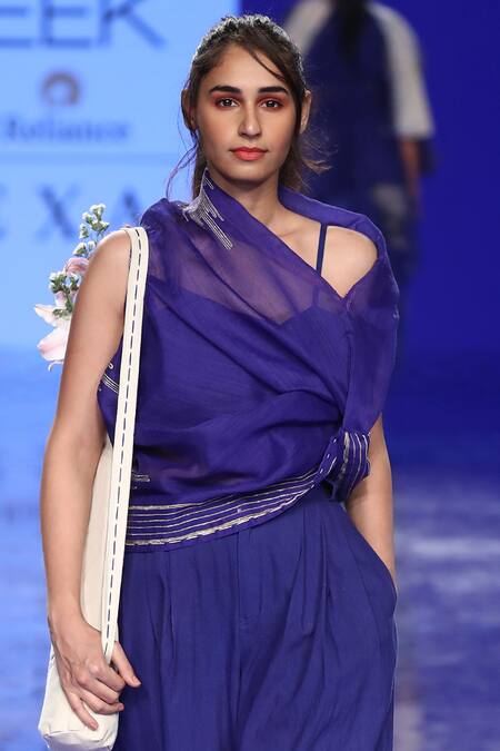 Tahweave_Blue Silk Draped Top_Online_at_Aza_Fashions