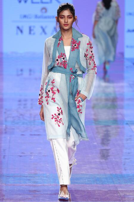 Tahweave_Blue Noil Notched Lapel Embroidered Jacket_Online_at_Aza_Fashions