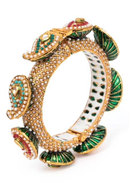 Shop Tizora Gold Plated Fabric Flowers, Stones Handcrafted Rajwada Pacheli Bangle at Aza Fashions Shop_Tizora_Gold Plated Fabric Flowers, Stones Handcrafted Rajwada Pacheli Bangle _at_Aza_Fashions
