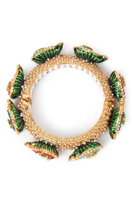 Shop Tizora Gold Plated Fabric Flowers, Stones Handcrafted Rajwada Pacheli Bangle Online at Aza Fashions Shop_Tizora_Gold Plated Fabric Flowers, Stones Handcrafted Rajwada Pacheli Bangle _Online_at_Aza_Fashions
