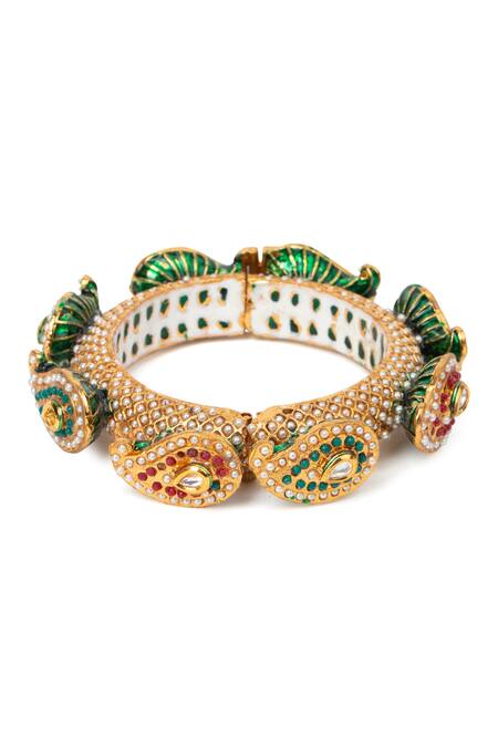 Tizora Gold Plated Fabric Flowers, Stones Handcrafted Rajwada Pacheli Bangle at Aza Fashions Tizora_Gold Plated Fabric Flowers, Stones Handcrafted Rajwada Pacheli Bangle _at_Aza_Fashions