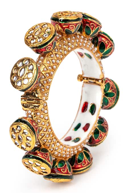 Shop_Tizora_Gold Plated Stones, Metallic Handcrafted Rajwada Meenakari Kundan Pacheli Bangle _at_Aza_Fashions