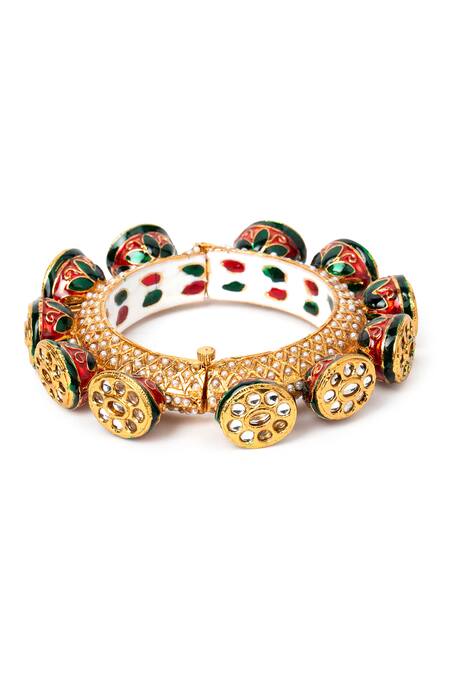 Buy_Tizora_Gold Plated Stones, Metallic Handcrafted Rajwada Meenakari Kundan Pacheli Bangle _Online_at_Aza_Fashions