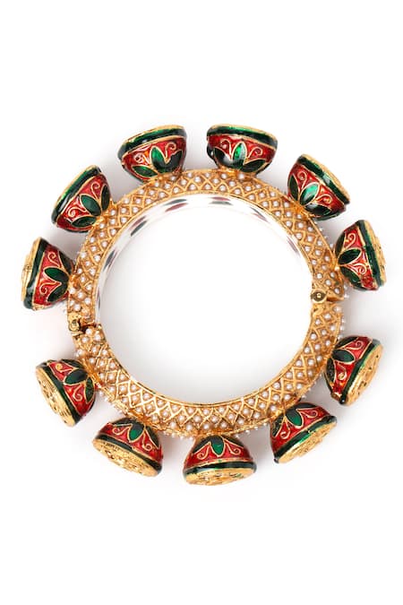 Shop_Tizora_Gold Plated Stones, Metallic Handcrafted Rajwada Meenakari Kundan Pacheli Bangle _Online_at_Aza_Fashions