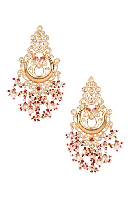 Shop Tizora Gold Plated Fabric Flowers, Pearls Polki Bead Drop Chandbalis at Aza Fashions Shop_Tizora_Gold Plated Fabric Flowers, Pearls Polki Bead Drop Chandbalis _at_Aza_Fashions