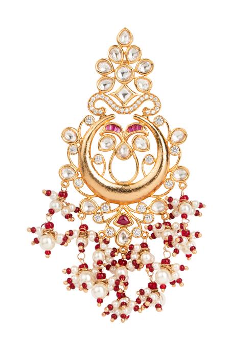 Buy Tizora Gold Plated Fabric Flowers, Pearls Polki Bead Drop Chandbalis Online at Aza Fashions Buy_Tizora_Gold Plated Fabric Flowers, Pearls Polki Bead Drop Chandbalis _Online_at_Aza_Fashions