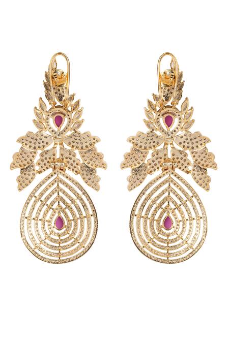 Tizora_Gold Plated Fabric Flowers, Diamonds Crystal Teardrop Danglers_Online_at_Aza_Fashions