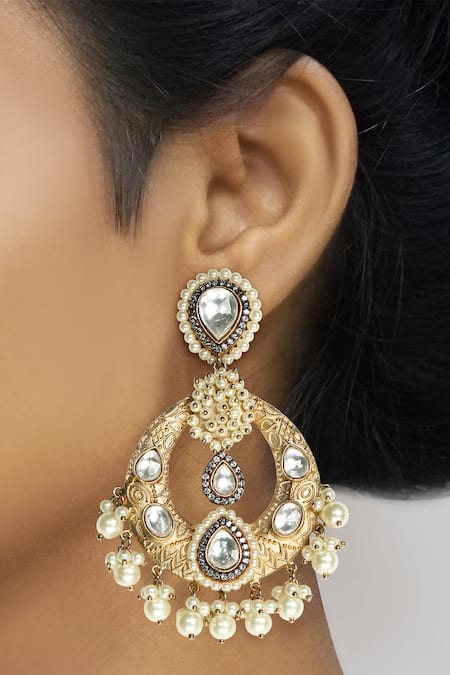Shop Tizora Gold Plated Pearls, Gota Patti Kundan Bead Drop Danglers at Aza Fashions Shop_Tizora_Gold Plated Pearls, Gota Patti Kundan Bead Drop Danglers _at_Aza_Fashions