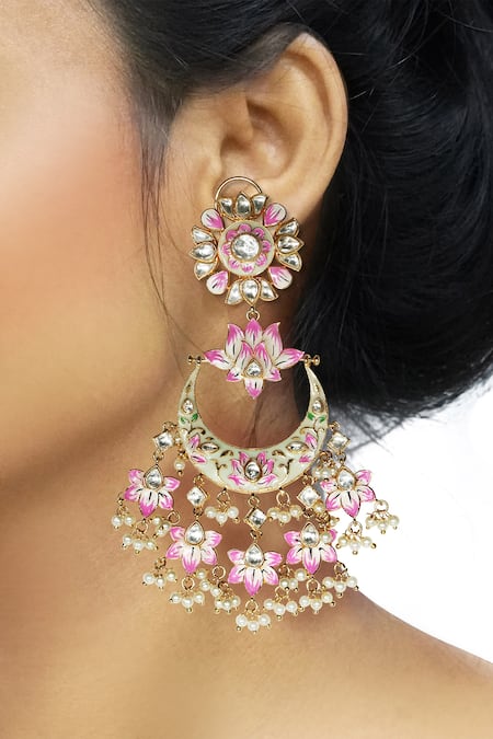 Shop Tizora Gold Plated Pearls Handcrafted Bikaneri Kundan Meenakari Chandbalis at Aza Fashions Shop_Tizora_Gold Plated Pearls Handcrafted Bikaneri Kundan Meenakari Chandbalis _at_Aza_Fashions