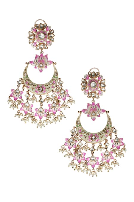 Tizora Gold Plated Pearls Handcrafted Bikaneri Kundan Meenakari Chandbalis 