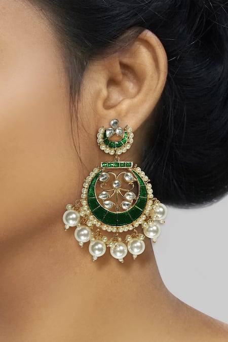 Shop Tizora Gold Plated Pearls, Metallic Thread, Handcrafted Kundan Meenakari Chandbalis at Aza Fashions Shop_Tizora_Gold Plated Pearls, Metallic Thread, Handcrafted Kundan Meenakari Chandbalis _at_Aza_Fashions