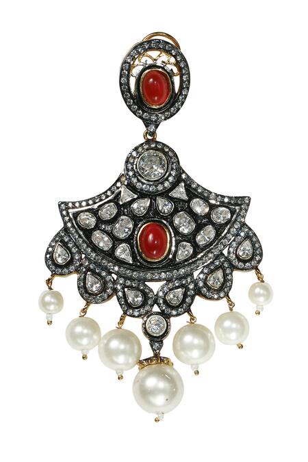 Shop_Tizora_Silver Plated Fabric Flowers Antique Polki Danglers _at_Aza_Fashions