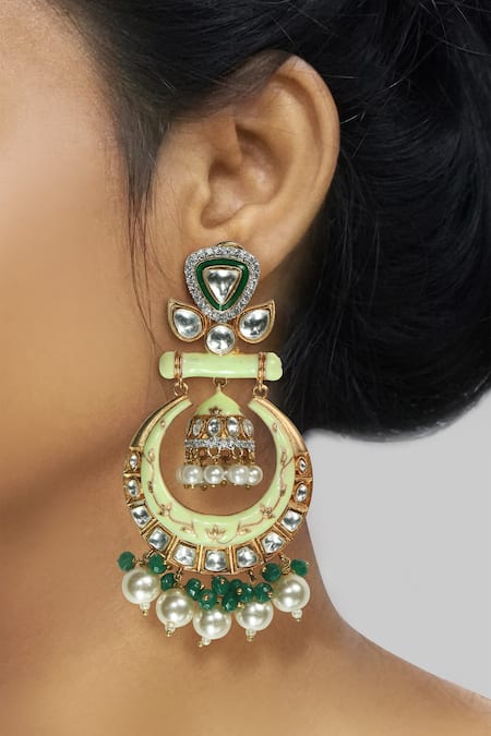 Shop Tizora Gold Plated Pearls, Metallic Thread, Zari Kundan Meenakari Chandbalis at Aza Fashions Shop_Tizora_Gold Plated Pearls, Metallic Thread, Zari Kundan Meenakari Chandbalis _at_Aza_Fashions