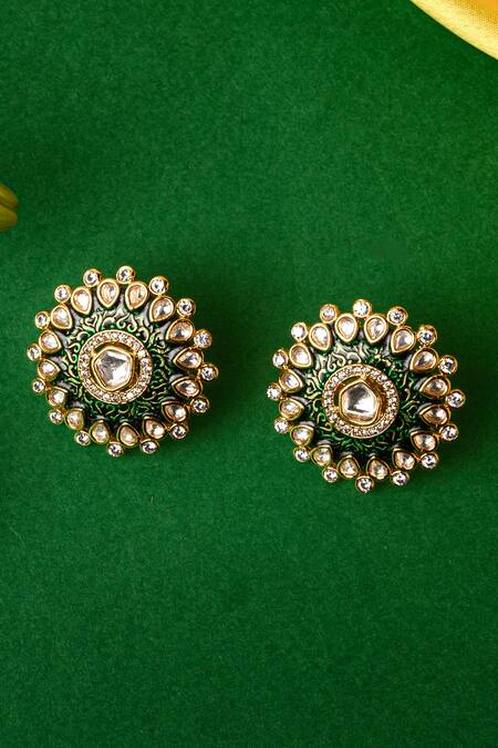 Tizora_Gold Plated Diamonds Meenakari Kundan Stud Earrings _Online_at_Aza_Fashions