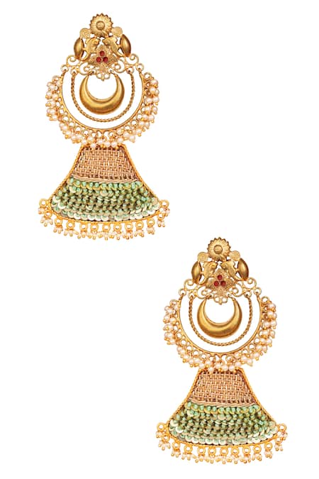 Shop Tizora Gold Plated Beads, Embroidery Chandbali Danglers at Aza Fashions Shop_Tizora_Gold Plated Beads, Embroidery Chandbali Danglers _at_Aza_Fashions