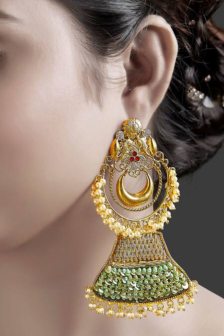 Shop Tizora Gold Plated Beads, Embroidery Chandbali Danglers Online at Aza Fashions Shop_Tizora_Gold Plated Beads, Embroidery Chandbali Danglers _Online_at_Aza_Fashions