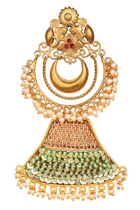 Tizora Gold Plated Beads, Embroidery Chandbali Danglers at Aza Fashions Tizora_Gold Plated Beads, Embroidery Chandbali Danglers _at_Aza_Fashions