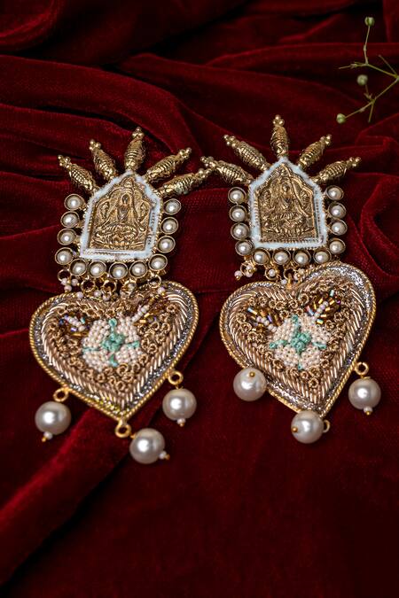 Buy Tizora Gold Plated Beads, Embroidery Antique Handcrafted Danglers Online at Aza Fashions Buy_Tizora_Gold Plated Beads, Embroidery Antique Handcrafted Danglers _Online_at_Aza_Fashions